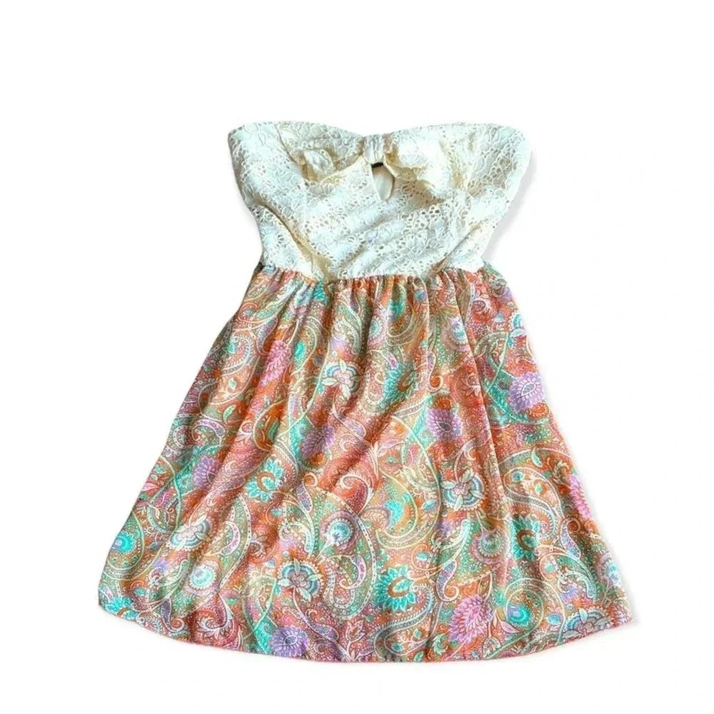 Love Culture Small Creme pink green Paisley padded dress bow spring strapless
